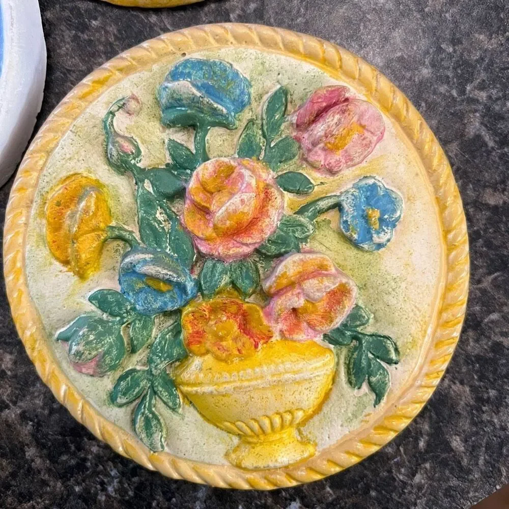 Vintage 50’s Ceramic Chalkware Floral Kitschy Wall Decorations Set